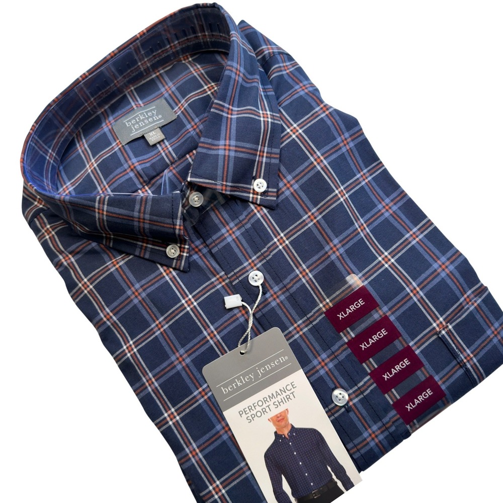 Berkley Jensen Performance Sport Shirt Navy Orange Plaid Stretch Mens XL NWT